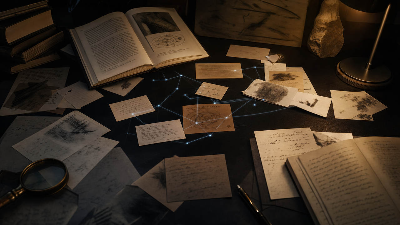 Mesa escura com livros, notas e linhas de conexão formando um mapa de leitura